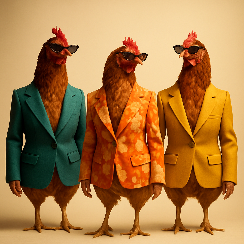 Three chickens dressed in stylish blazers and sunglasses striking fashion runway poses
